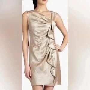 Suzi Chin for Maggy Boutique Asymmetrical Ruffle Cocktail Occasion Gold Dress